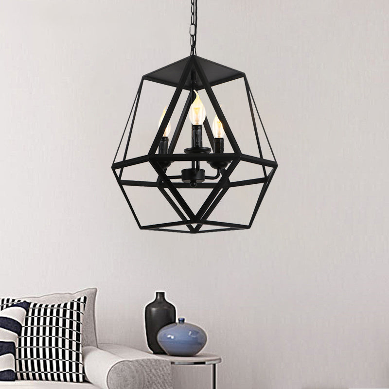 3 Lights Barrel/Birdcage Chandelier Lighting with Wire Guard Vintage style Black Metallic Pendant Light over Table Black Rhombus Clearhalo 'Cast Iron' 'Ceiling Lights' 'Chandeliers' 'Industrial Chandeliers' 'Industrial' 'Metal' 'Middle Century Chandeliers' 'Rustic Chandeliers' 'Tiffany' Lighting' 1872038