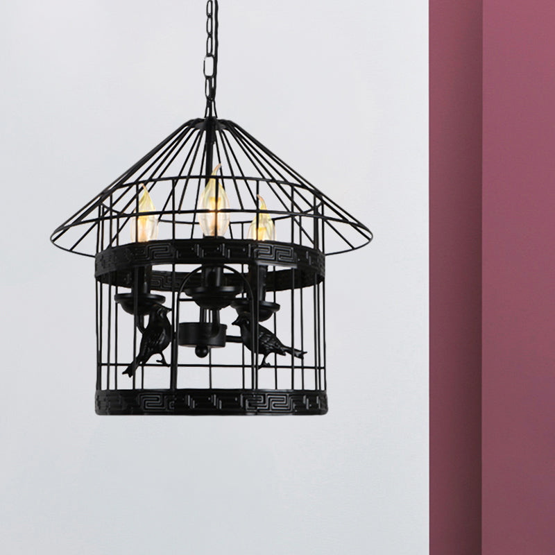 3 Lights Barrel/Birdcage Chandelier Lighting with Wire Guard Vintage style Black Metallic Pendant Light over Table Black Birdcage Clearhalo 'Cast Iron' 'Ceiling Lights' 'Chandeliers' 'Industrial Chandeliers' 'Industrial' 'Metal' 'Middle Century Chandeliers' 'Rustic Chandeliers' 'Tiffany' Lighting' 1872043