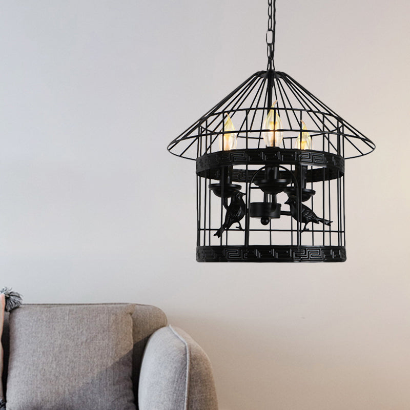 3 Lights Barrel/Birdcage Chandelier Lighting with Wire Guard Vintage style Black Metallic Pendant Light over Table Clearhalo 'Cast Iron' 'Ceiling Lights' 'Chandeliers' 'Industrial Chandeliers' 'Industrial' 'Metal' 'Middle Century Chandeliers' 'Rustic Chandeliers' 'Tiffany' Lighting' 1872044