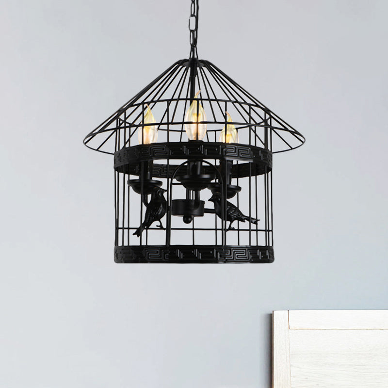 3 Lights Barrel/Birdcage Chandelier Lighting with Wire Guard Vintage style Black Metallic Pendant Light over Table Clearhalo 'Cast Iron' 'Ceiling Lights' 'Chandeliers' 'Industrial Chandeliers' 'Industrial' 'Metal' 'Middle Century Chandeliers' 'Rustic Chandeliers' 'Tiffany' Lighting' 1872045