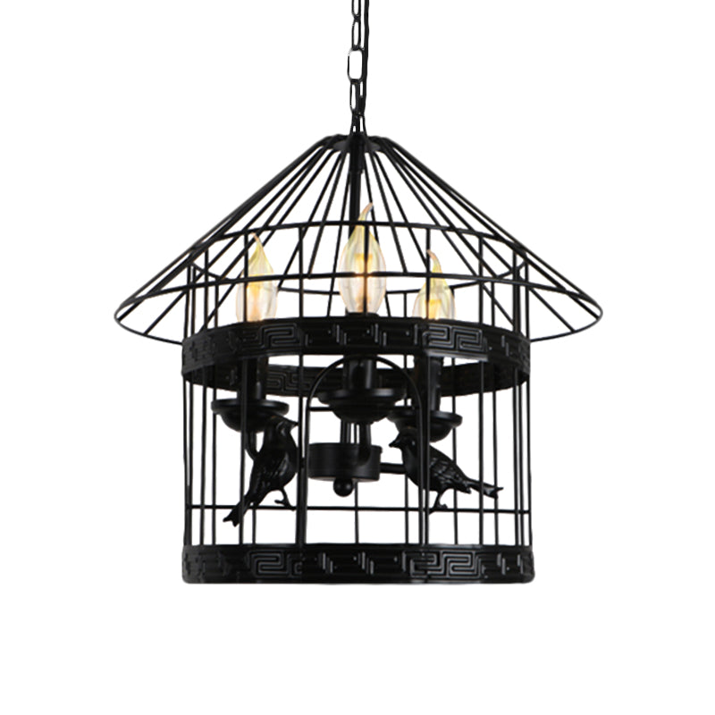 3 Lights Barrel/Birdcage Chandelier Lighting with Wire Guard Vintage style Black Metallic Pendant Light over Table Clearhalo 'Cast Iron' 'Ceiling Lights' 'Chandeliers' 'Industrial Chandeliers' 'Industrial' 'Metal' 'Middle Century Chandeliers' 'Rustic Chandeliers' 'Tiffany' Lighting' 1872046