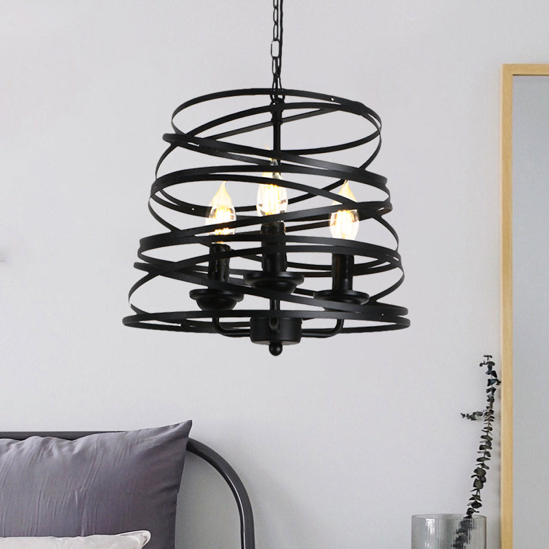 3 Lights Barrel/Birdcage Chandelier Lighting with Wire Guard Vintage style Black Metallic Pendant Light over Table Clearhalo 'Cast Iron' 'Ceiling Lights' 'Chandeliers' 'Industrial Chandeliers' 'Industrial' 'Metal' 'Middle Century Chandeliers' 'Rustic Chandeliers' 'Tiffany' Lighting' 1872049