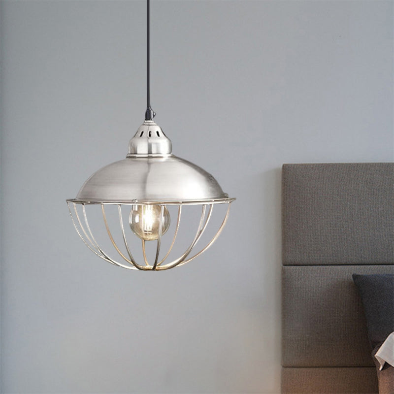 Silver 1 Light Ceiling Fixture Vintage Style Metal Bowl Cage Pendant Light for Dining Room Silver Clearhalo 'Art Deco Pendants' 'Cast Iron' 'Ceiling Lights' 'Ceramic' 'Crystal' 'Industrial Pendants' 'Industrial' 'Metal' 'Middle Century Pendants' 'Pendant Lights' 'Pendants' 'Tiffany' Lighting' 1872058