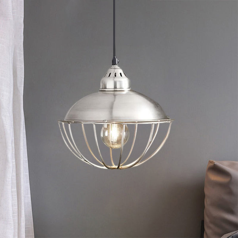 Silver 1 Light Ceiling Fixture Vintage Style Metal Bowl Cage Pendant Light for Dining Room Clearhalo 'Art Deco Pendants' 'Cast Iron' 'Ceiling Lights' 'Ceramic' 'Crystal' 'Industrial Pendants' 'Industrial' 'Metal' 'Middle Century Pendants' 'Pendant Lights' 'Pendants' 'Tiffany' Lighting' 1872059