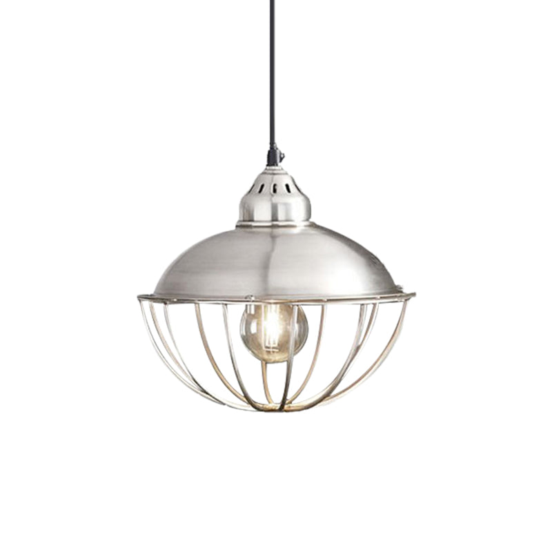 Silver 1 Light Ceiling Fixture Vintage Style Metal Bowl Cage Pendant Light for Dining Room Clearhalo 'Art Deco Pendants' 'Cast Iron' 'Ceiling Lights' 'Ceramic' 'Crystal' 'Industrial Pendants' 'Industrial' 'Metal' 'Middle Century Pendants' 'Pendant Lights' 'Pendants' 'Tiffany' Lighting' 1872061