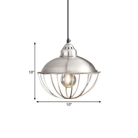 Silver 1 Light Ceiling Fixture Vintage Style Metal Bowl Cage Pendant Light for Dining Room Clearhalo 'Art Deco Pendants' 'Cast Iron' 'Ceiling Lights' 'Ceramic' 'Crystal' 'Industrial Pendants' 'Industrial' 'Metal' 'Middle Century Pendants' 'Pendant Lights' 'Pendants' 'Tiffany' Lighting' 1872062