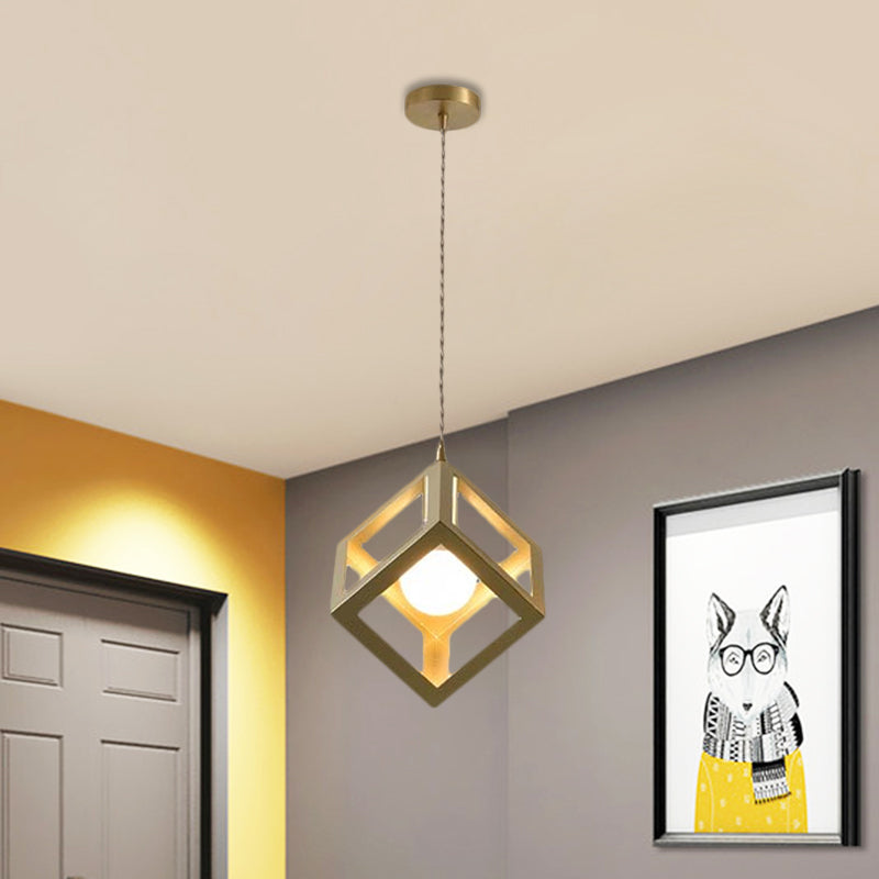 Gold Finish Square/Triangle Pendant Lighting Industrial Metal 1 Head Dining Room Hanging Lamp with Wire Frame Gold Square Clearhalo 'Art Deco Pendants' 'Cast Iron' 'Ceiling Lights' 'Ceramic' 'Crystal' 'Industrial Pendants' 'Industrial' 'Metal' 'Middle Century Pendants' 'Pendant Lights' 'Pendants' 'Tiffany' Lighting' 1872063
