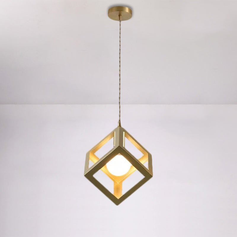 Gold Finish Square/Triangle Pendant Lighting Industrial Metal 1 Head Dining Room Hanging Lamp with Wire Frame Clearhalo 'Art Deco Pendants' 'Cast Iron' 'Ceiling Lights' 'Ceramic' 'Crystal' 'Industrial Pendants' 'Industrial' 'Metal' 'Middle Century Pendants' 'Pendant Lights' 'Pendants' 'Tiffany' Lighting' 1872065