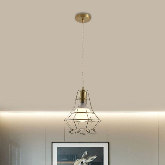 Gold Finish Square/Triangle Pendant Lighting Industrial Metal 1 Head Dining Room Hanging Lamp with Wire Frame Clearhalo 'Art Deco Pendants' 'Cast Iron' 'Ceiling Lights' 'Ceramic' 'Crystal' 'Industrial Pendants' 'Industrial' 'Metal' 'Middle Century Pendants' 'Pendant Lights' 'Pendants' 'Tiffany' Lighting' 1872079