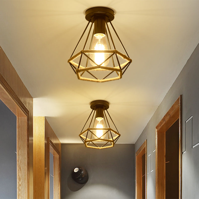 Black 1 Bulb Semi Flush Mount Light Lodge Style Metal and Rope Globe/Diamond Cage Ceiling Fixture for Hallway Black Diamond Clearhalo 'Ceiling Lights' 'Close To Ceiling Lights' 'Close to ceiling' 'Flush mount' 'Industrial Flush Mount' Lighting' 1872108