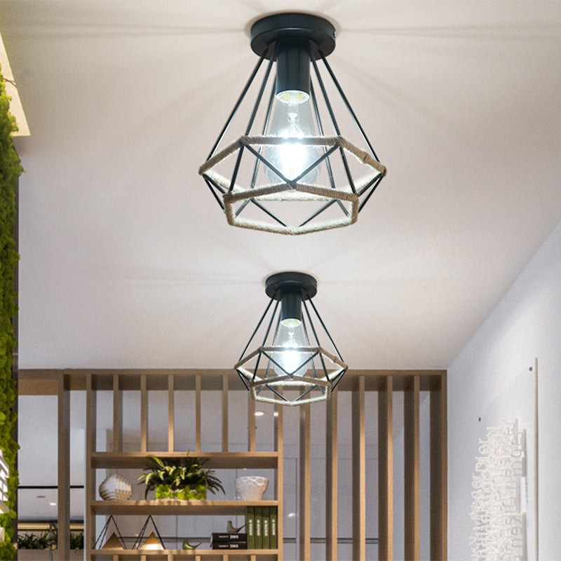Black 1 Bulb Semi Flush Mount Light Lodge Style Metal and Rope Globe/Diamond Cage Ceiling Fixture for Hallway Clearhalo 'Ceiling Lights' 'Close To Ceiling Lights' 'Close to ceiling' 'Flush mount' 'Industrial Flush Mount' Lighting' 1872109