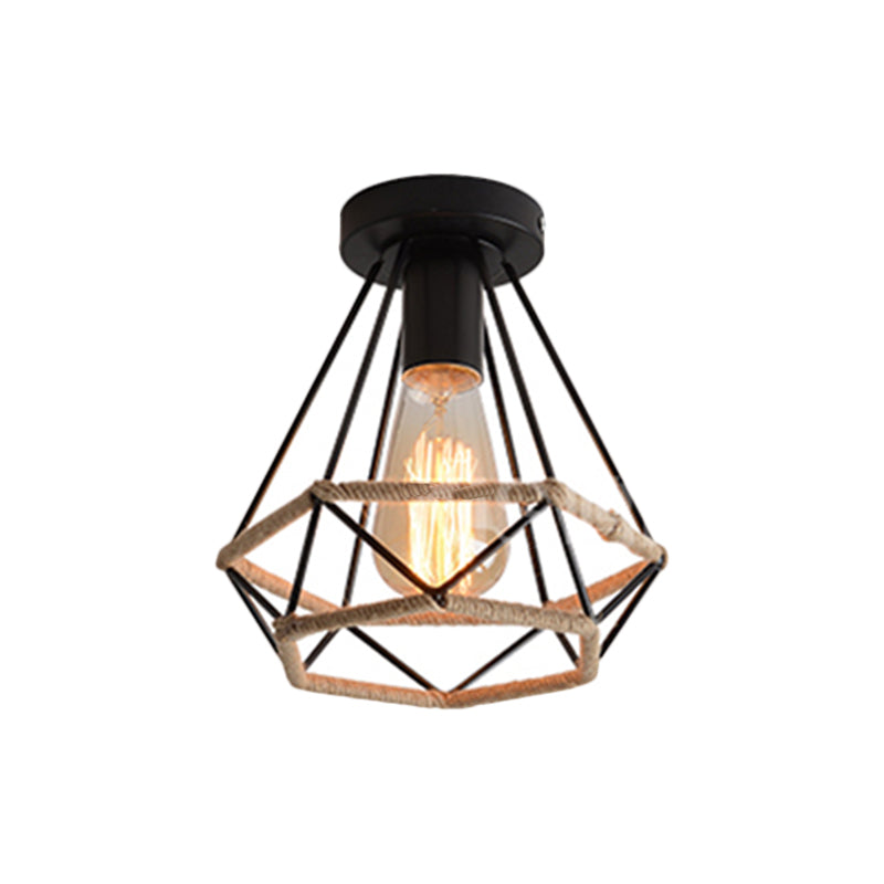Black 1 Bulb Semi Flush Mount Light Lodge Style Metal and Rope Globe/Diamond Cage Ceiling Fixture for Hallway Clearhalo 'Ceiling Lights' 'Close To Ceiling Lights' 'Close to ceiling' 'Flush mount' 'Industrial Flush Mount' Lighting' 1872111