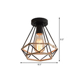 Black 1 Bulb Semi Flush Mount Light Lodge Style Metal and Rope Globe/Diamond Cage Ceiling Fixture for Hallway Clearhalo 'Ceiling Lights' 'Close To Ceiling Lights' 'Close to ceiling' 'Flush mount' 'Industrial Flush Mount' Lighting' 1872112