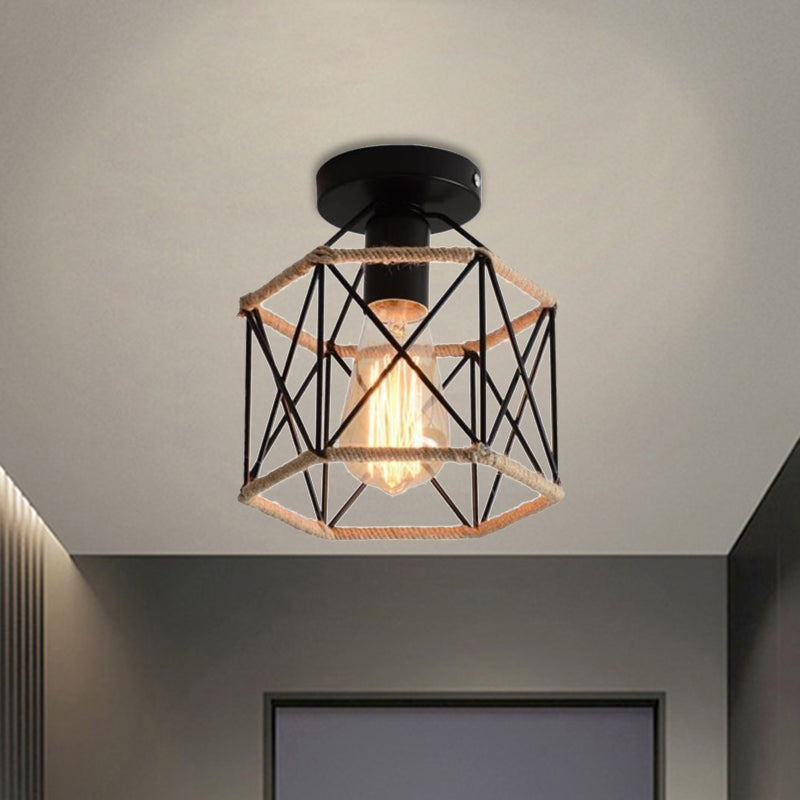 Black 1 Bulb Semi Flush Mount Light Lodge Style Metal and Rope Globe/Diamond Cage Ceiling Fixture for Hallway Black Hexagon Clearhalo 'Ceiling Lights' 'Close To Ceiling Lights' 'Close to ceiling' 'Flush mount' 'Industrial Flush Mount' Lighting' 1872113