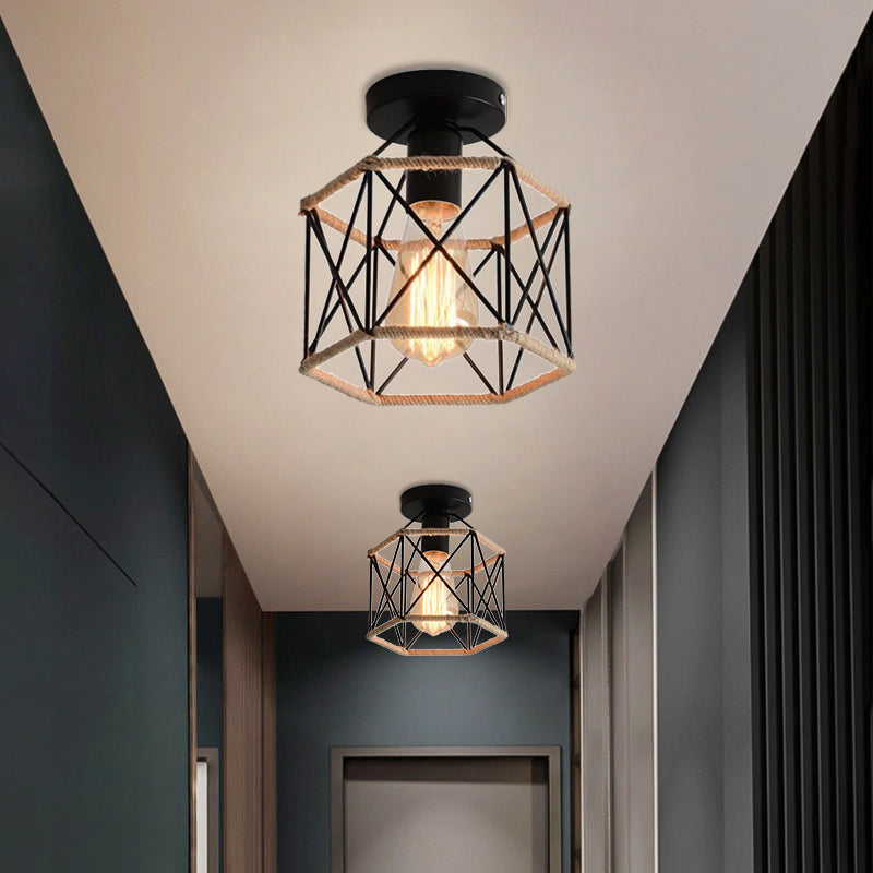 Black 1 Bulb Semi Flush Mount Light Lodge Style Metal and Rope Globe/Diamond Cage Ceiling Fixture for Hallway Clearhalo 'Ceiling Lights' 'Close To Ceiling Lights' 'Close to ceiling' 'Flush mount' 'Industrial Flush Mount' Lighting' 1872114
