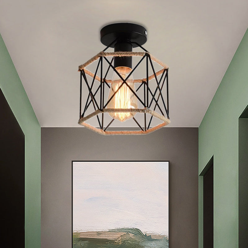 Black 1 Bulb Semi Flush Mount Light Lodge Style Metal and Rope Globe/Diamond Cage Ceiling Fixture for Hallway Clearhalo 'Ceiling Lights' 'Close To Ceiling Lights' 'Close to ceiling' 'Flush mount' 'Industrial Flush Mount' Lighting' 1872115