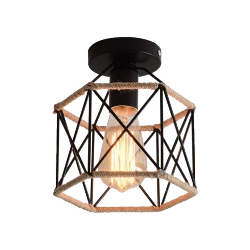 Black 1 Bulb Semi Flush Mount Light Lodge Style Metal and Rope Globe/Diamond Cage Ceiling Fixture for Hallway Clearhalo 'Ceiling Lights' 'Close To Ceiling Lights' 'Close to ceiling' 'Flush mount' 'Industrial Flush Mount' Lighting' 1872116