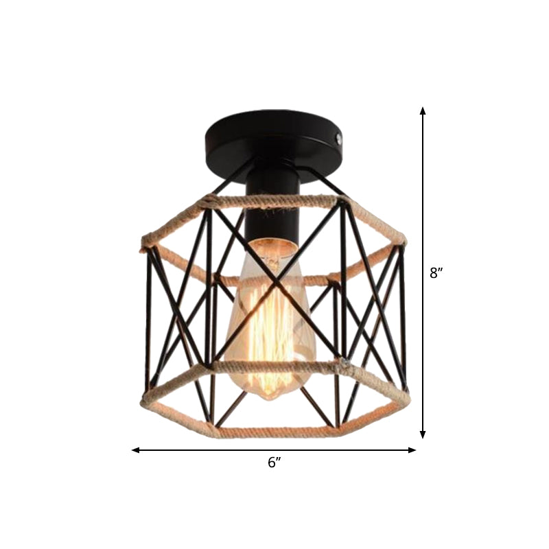 Black 1 Bulb Semi Flush Mount Light Lodge Style Metal and Rope Globe/Diamond Cage Ceiling Fixture for Hallway Clearhalo 'Ceiling Lights' 'Close To Ceiling Lights' 'Close to ceiling' 'Flush mount' 'Industrial Flush Mount' Lighting' 1872117