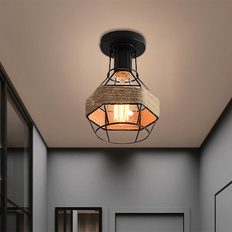 Black 1 Bulb Semi Flush Mount Light Lodge Style Metal and Rope Globe/Diamond Cage Ceiling Fixture for Hallway Black Globe Clearhalo 'Ceiling Lights' 'Close To Ceiling Lights' 'Close to ceiling' 'Flush mount' 'Industrial Flush Mount' Lighting' 1872118