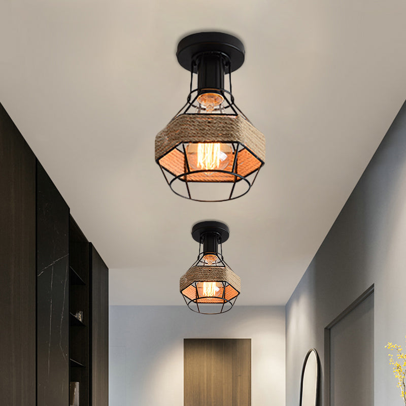 Black 1 Bulb Semi Flush Mount Light Lodge Style Metal and Rope Globe/Diamond Cage Ceiling Fixture for Hallway Clearhalo 'Ceiling Lights' 'Close To Ceiling Lights' 'Close to ceiling' 'Flush mount' 'Industrial Flush Mount' Lighting' 1872120