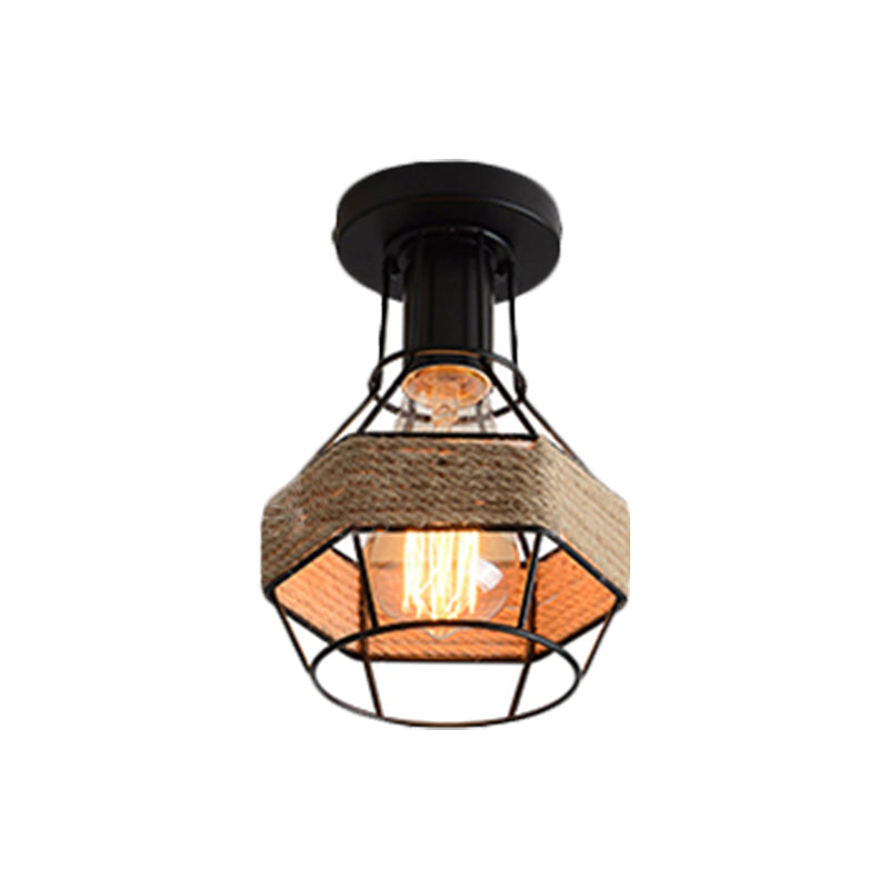 Black 1 Bulb Semi Flush Mount Light Lodge Style Metal and Rope Globe/Diamond Cage Ceiling Fixture for Hallway Clearhalo 'Ceiling Lights' 'Close To Ceiling Lights' 'Close to ceiling' 'Flush mount' 'Industrial Flush Mount' Lighting' 1872121