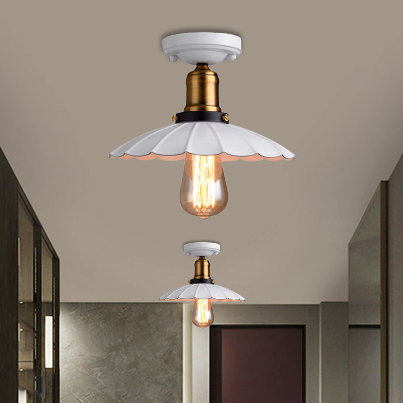 Retro Stylish Scalloped Edge Ceiling Lighting 1 Bulb Metallic Semi Flush Light Fixture in Black/White for Corridor White Clearhalo 'Ceiling Lights' 'Close To Ceiling Lights' 'Close to ceiling' 'Flush mount' 'Industrial Flush Mount' Lighting' 1872164