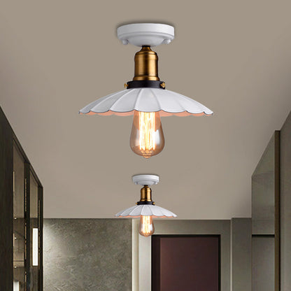 Retro Stylish Scalloped Edge Ceiling Lighting 1 Bulb Metallic Semi Flush Light Fixture in Black/White for Corridor White Clearhalo 'Ceiling Lights' 'Close To Ceiling Lights' 'Close to ceiling' 'Flush mount' 'Industrial Flush Mount' Lighting' 1872164