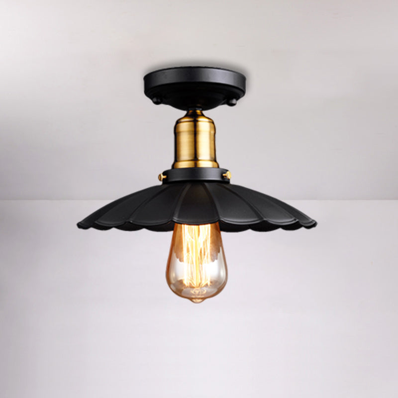 Retro Stylish Scalloped Edge Ceiling Lighting 1 Bulb Metallic Semi Flush Light Fixture in Black/White for Corridor Clearhalo 'Ceiling Lights' 'Close To Ceiling Lights' 'Close to ceiling' 'Flush mount' 'Industrial Flush Mount' Lighting' 1872170