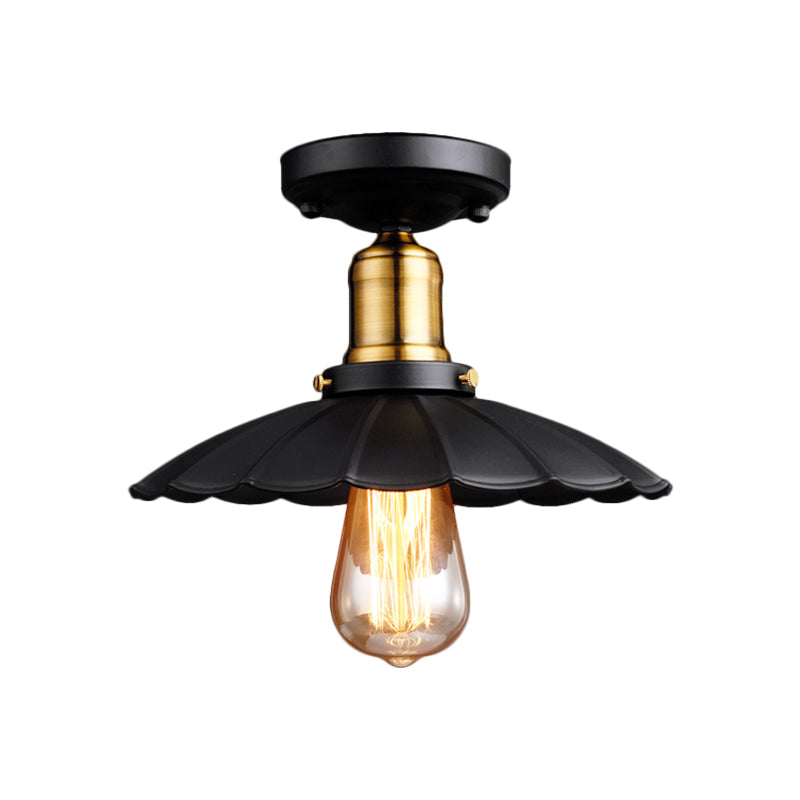 Retro Stylish Scalloped Edge Ceiling Lighting 1 Bulb Metallic Semi Flush Light Fixture in Black/White for Corridor Clearhalo 'Ceiling Lights' 'Close To Ceiling Lights' 'Close to ceiling' 'Flush mount' 'Industrial Flush Mount' Lighting' 1872172