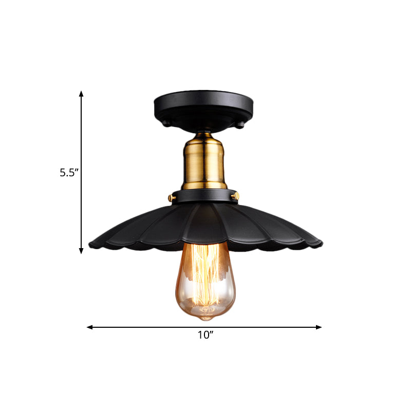 Retro Stylish Scalloped Edge Ceiling Lighting 1 Bulb Metallic Semi Flush Light Fixture in Black/White for Corridor Clearhalo 'Ceiling Lights' 'Close To Ceiling Lights' 'Close to ceiling' 'Flush mount' 'Industrial Flush Mount' Lighting' 1872173