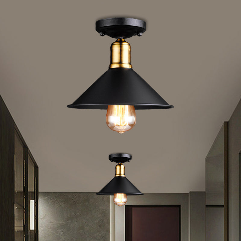 1 Light Conic Semi-Flush Mount Light Vintage Stylish Black/White Metallic Close to Ceiling Lighting Black Clearhalo 'Ceiling Lights' 'Close To Ceiling Lights' 'Close to ceiling' 'Flush mount' 'Industrial Flush Mount' Lighting' 1872179
