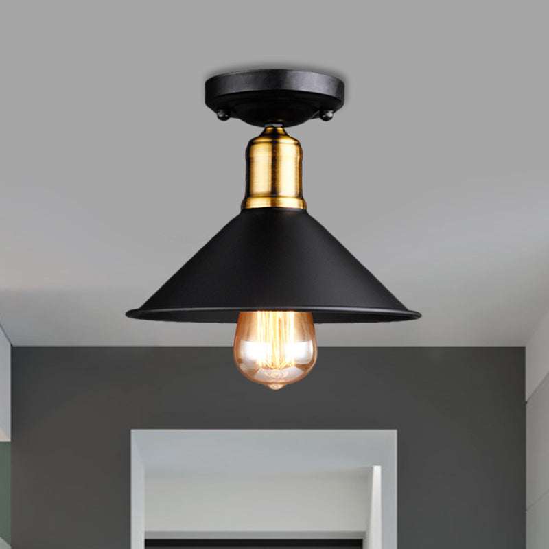 1 Light Conic Semi-Flush Mount Light Vintage Stylish Black/White Metallic Close to Ceiling Lighting Clearhalo 'Ceiling Lights' 'Close To Ceiling Lights' 'Close to ceiling' 'Flush mount' 'Industrial Flush Mount' Lighting' 1872180