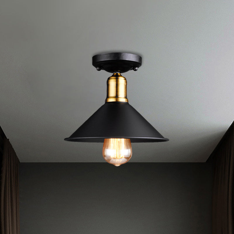 1 Light Conic Semi-Flush Mount Light Vintage Stylish Black/White Metallic Close to Ceiling Lighting Clearhalo 'Ceiling Lights' 'Close To Ceiling Lights' 'Close to ceiling' 'Flush mount' 'Industrial Flush Mount' Lighting' 1872181