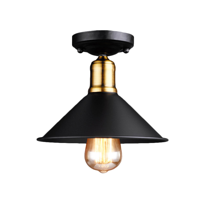 1 Light Conic Semi-Flush Mount Light Vintage Stylish Black/White Metallic Close to Ceiling Lighting Clearhalo 'Ceiling Lights' 'Close To Ceiling Lights' 'Close to ceiling' 'Flush mount' 'Industrial Flush Mount' Lighting' 1872182