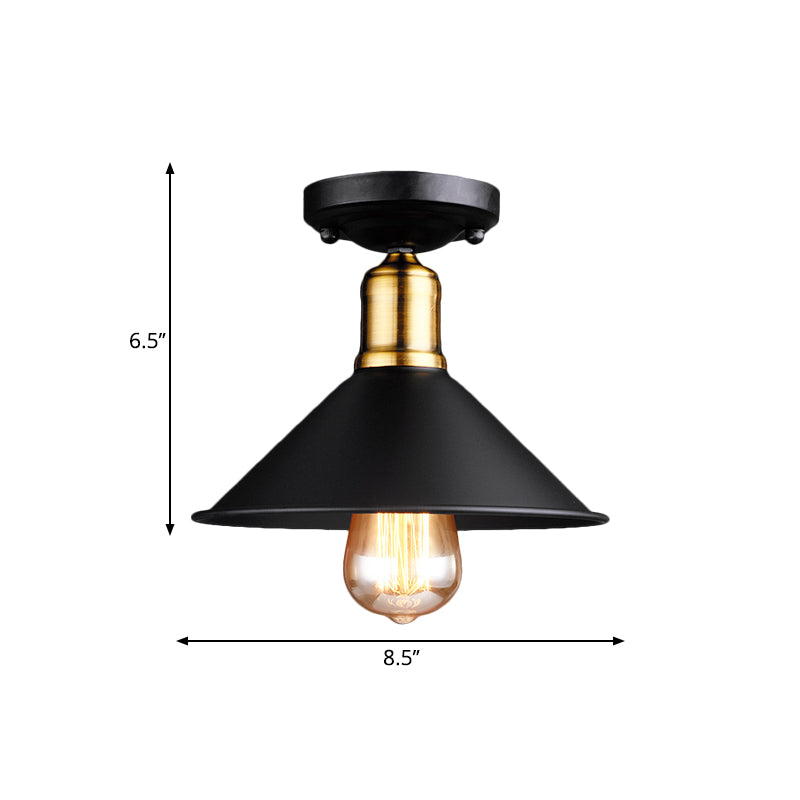 1 Light Conic Semi-Flush Mount Light Vintage Stylish Black/White Metallic Close to Ceiling Lighting Clearhalo 'Ceiling Lights' 'Close To Ceiling Lights' 'Close to ceiling' 'Flush mount' 'Industrial Flush Mount' Lighting' 1872183