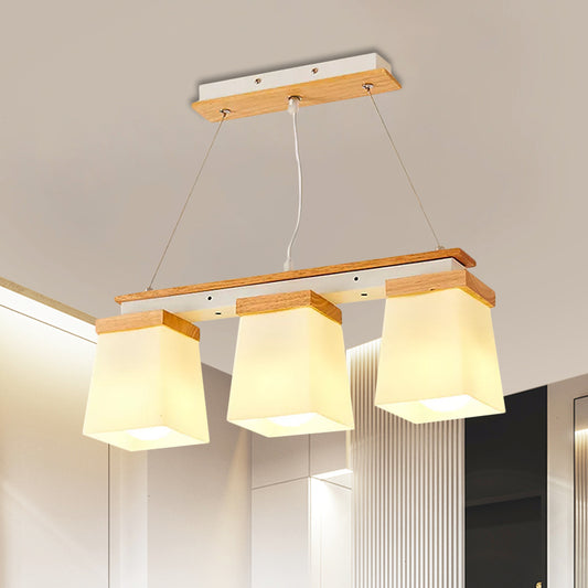 Square Shade Dining Room Chandelier Wooden 3/4 Lights Nordic Island Lighting in White 3 Wood Clearhalo 'Ceiling Lights' 'Close To Ceiling Lights' 'Glass shade' 'Glass' 'Island Lights' Lighting' 1872528
