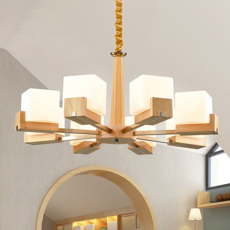 Glass Cube Ceiling Lamp 3/5/8 Heads Nordic Chandelier Lighting in Wood for Living Room 8 Wood Clearhalo 'Carpenter Chandeliers' 'Ceiling Lights' 'Chandeliers' 'Industrial' 'Modern Chandeliers' 'Modern' Lighting' 1872630