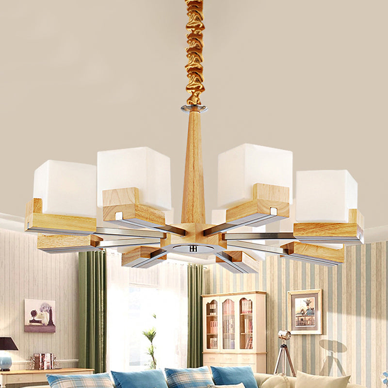 Glass Cube Ceiling Lamp 3/5/8 Heads Nordic Chandelier Lighting in Wood for Living Room Clearhalo 'Carpenter Chandeliers' 'Ceiling Lights' 'Chandeliers' 'Industrial' 'Modern Chandeliers' 'Modern' Lighting' 1872631