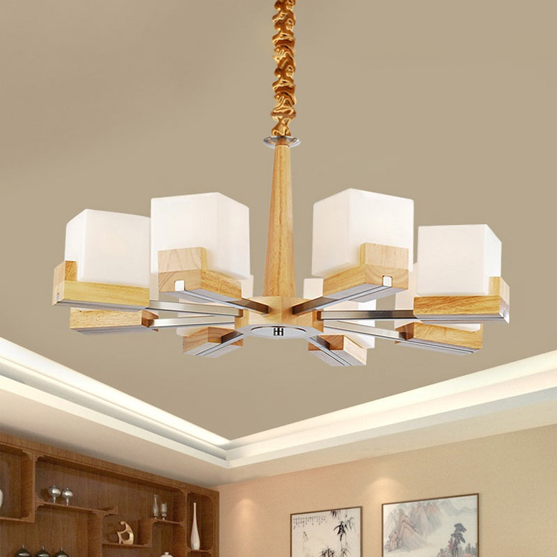 Glass Cube Ceiling Lamp 3/5/8 Heads Nordic Chandelier Lighting in Wood for Living Room Clearhalo 'Carpenter Chandeliers' 'Ceiling Lights' 'Chandeliers' 'Industrial' 'Modern Chandeliers' 'Modern' Lighting' 1872632