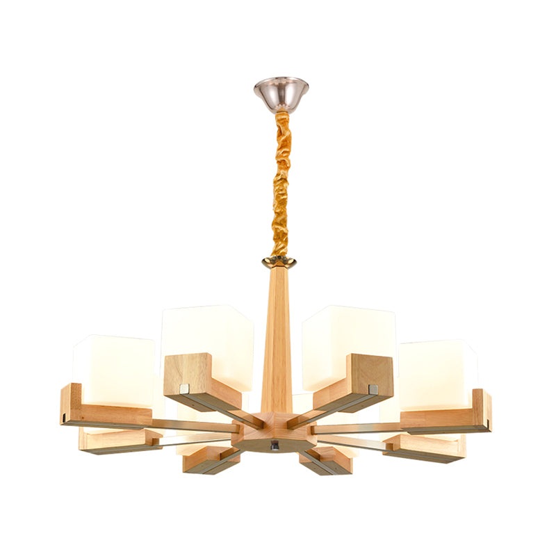 Glass Cube Ceiling Lamp 3/5/8 Heads Nordic Chandelier Lighting in Wood for Living Room Clearhalo 'Carpenter Chandeliers' 'Ceiling Lights' 'Chandeliers' 'Industrial' 'Modern Chandeliers' 'Modern' Lighting' 1872633