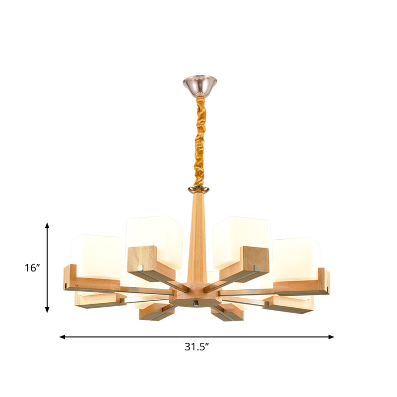 Glass Cube Ceiling Lamp 3/5/8 Heads Nordic Chandelier Lighting in Wood for Living Room Clearhalo 'Carpenter Chandeliers' 'Ceiling Lights' 'Chandeliers' 'Industrial' 'Modern Chandeliers' 'Modern' Lighting' 1872634
