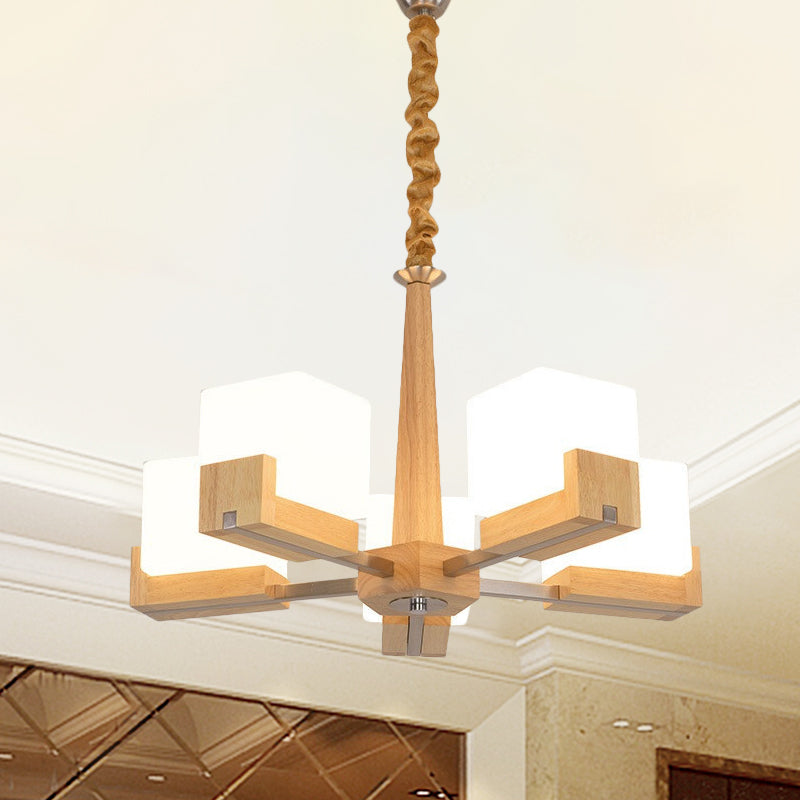 Glass Cube Ceiling Lamp 3/5/8 Heads Nordic Chandelier Lighting in Wood for Living Room 5 Wood Clearhalo 'Carpenter Chandeliers' 'Ceiling Lights' 'Chandeliers' 'Industrial' 'Modern Chandeliers' 'Modern' Lighting' 1872635