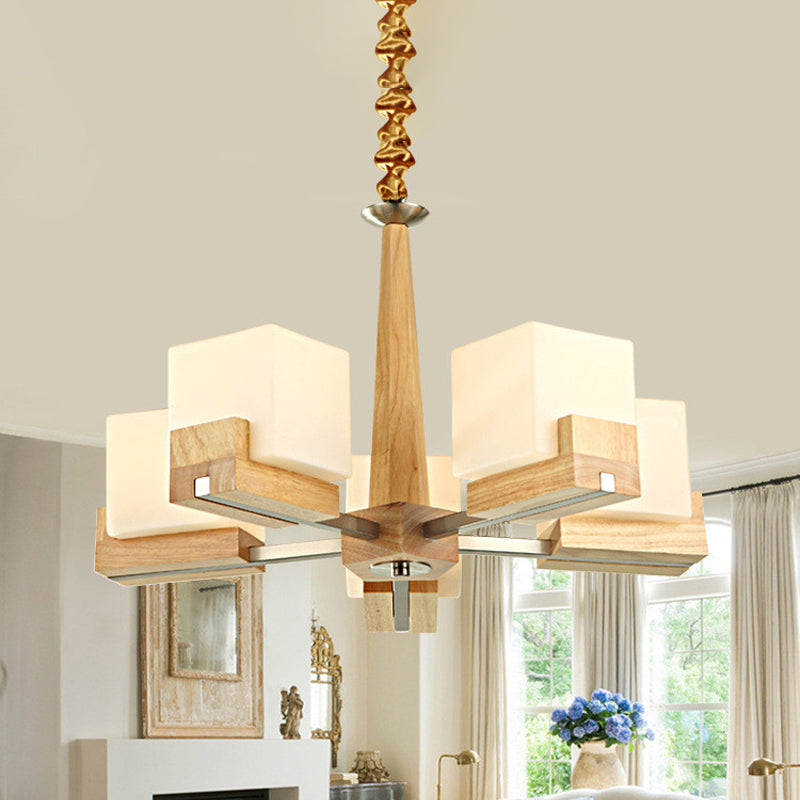 Glass Cube Ceiling Lamp 3/5/8 Heads Nordic Chandelier Lighting in Wood for Living Room Clearhalo 'Carpenter Chandeliers' 'Ceiling Lights' 'Chandeliers' 'Industrial' 'Modern Chandeliers' 'Modern' Lighting' 1872637