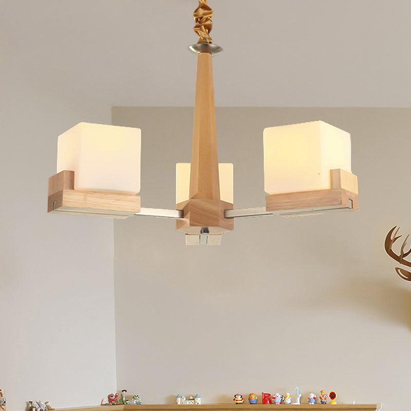 Glass Cube Ceiling Lamp 3/5/8 Heads Nordic Chandelier Lighting in Wood for Living Room Clearhalo 'Carpenter Chandeliers' 'Ceiling Lights' 'Chandeliers' 'Industrial' 'Modern Chandeliers' 'Modern' Lighting' 1872641