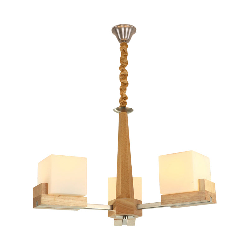 Glass Cube Ceiling Lamp 3/5/8 Heads Nordic Chandelier Lighting in Wood for Living Room Clearhalo 'Carpenter Chandeliers' 'Ceiling Lights' 'Chandeliers' 'Industrial' 'Modern Chandeliers' 'Modern' Lighting' 1872642