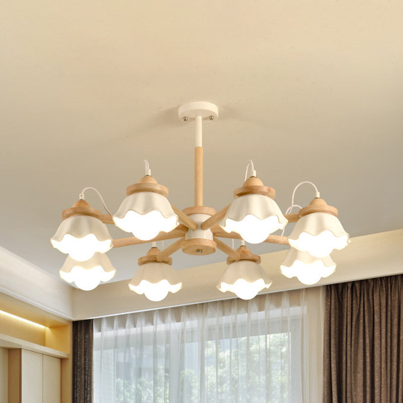White Scalloped Shade Chandelier Multi-Light Nordic Wooden Drop Ceiling Light for Living Room Clearhalo 'Carpenter Chandeliers' 'Ceiling Lights' 'Chandeliers' 'Industrial' 'Modern Chandeliers' 'Modern' Lighting' 1872805