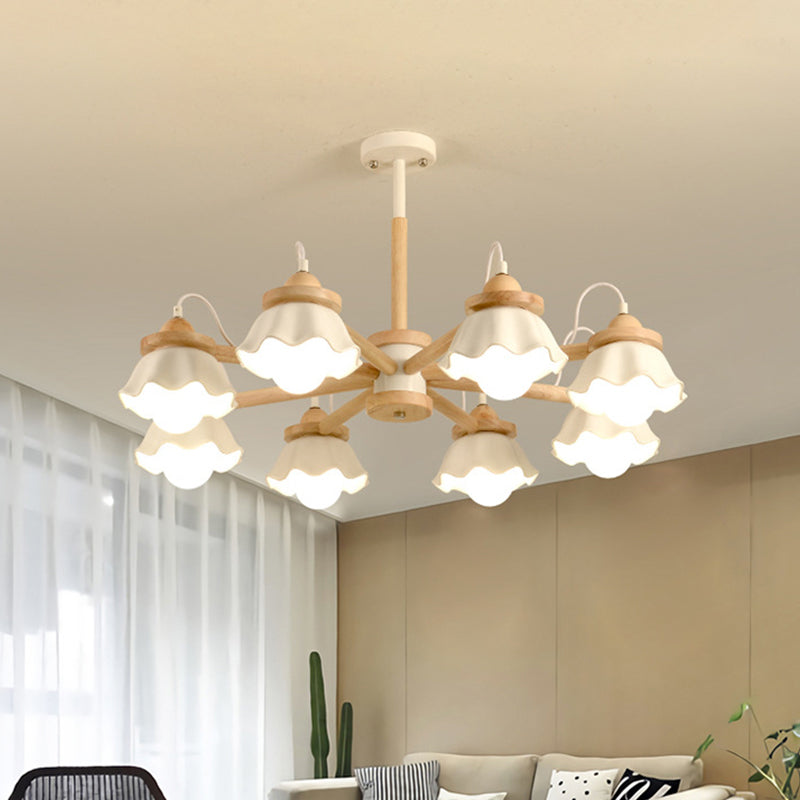 White Scalloped Shade Chandelier Multi-Light Nordic Wooden Drop Ceiling Light for Living Room Clearhalo 'Carpenter Chandeliers' 'Ceiling Lights' 'Chandeliers' 'Industrial' 'Modern Chandeliers' 'Modern' Lighting' 1872806