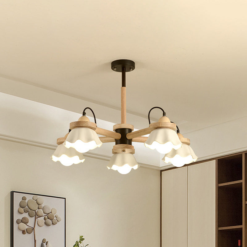 White Scalloped Shade Chandelier Multi-Light Nordic Wooden Drop Ceiling Light for Living Room Clearhalo 'Carpenter Chandeliers' 'Ceiling Lights' 'Chandeliers' 'Industrial' 'Modern Chandeliers' 'Modern' Lighting' 1872810