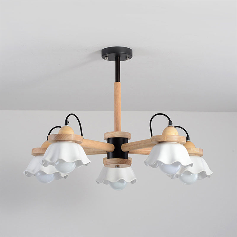 White Scalloped Shade Chandelier Multi-Light Nordic Wooden Drop Ceiling Light for Living Room Clearhalo 'Carpenter Chandeliers' 'Ceiling Lights' 'Chandeliers' 'Industrial' 'Modern Chandeliers' 'Modern' Lighting' 1872811