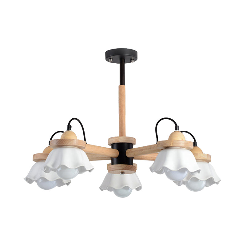 White Scalloped Shade Chandelier Multi-Light Nordic Wooden Drop Ceiling Light for Living Room Clearhalo 'Carpenter Chandeliers' 'Ceiling Lights' 'Chandeliers' 'Industrial' 'Modern Chandeliers' 'Modern' Lighting' 1872812
